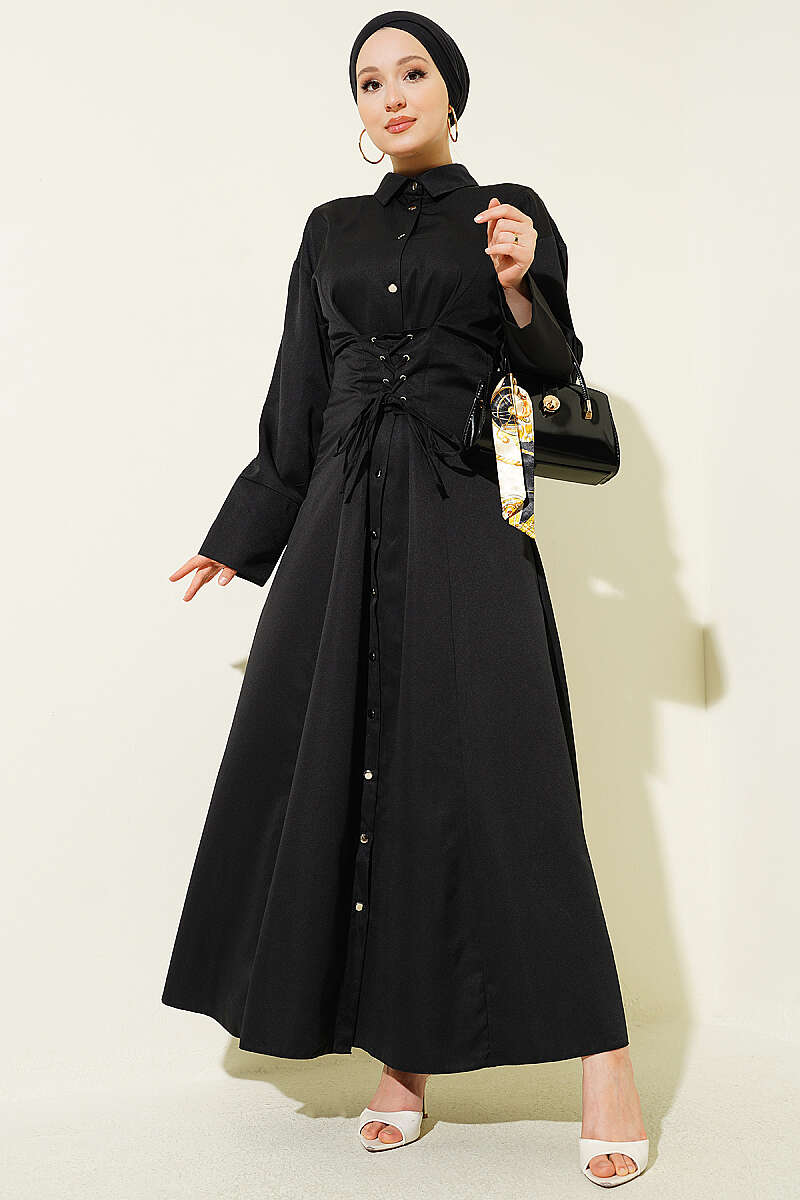 Button-Through Dress with Corset Detail - Black