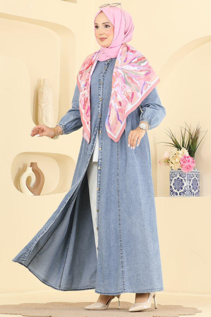 Full-Length Button Denim Dress - Light Denim