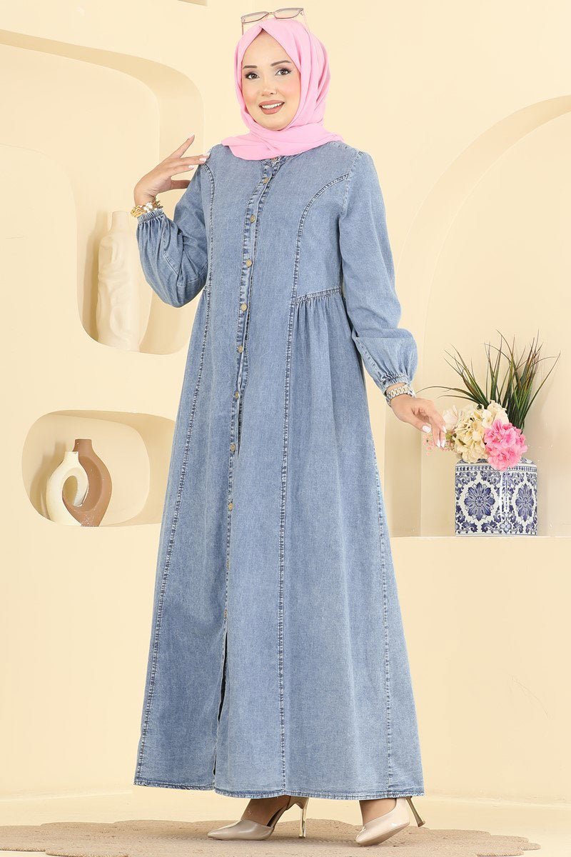 Full-Length Button Denim Dress - Light Denim