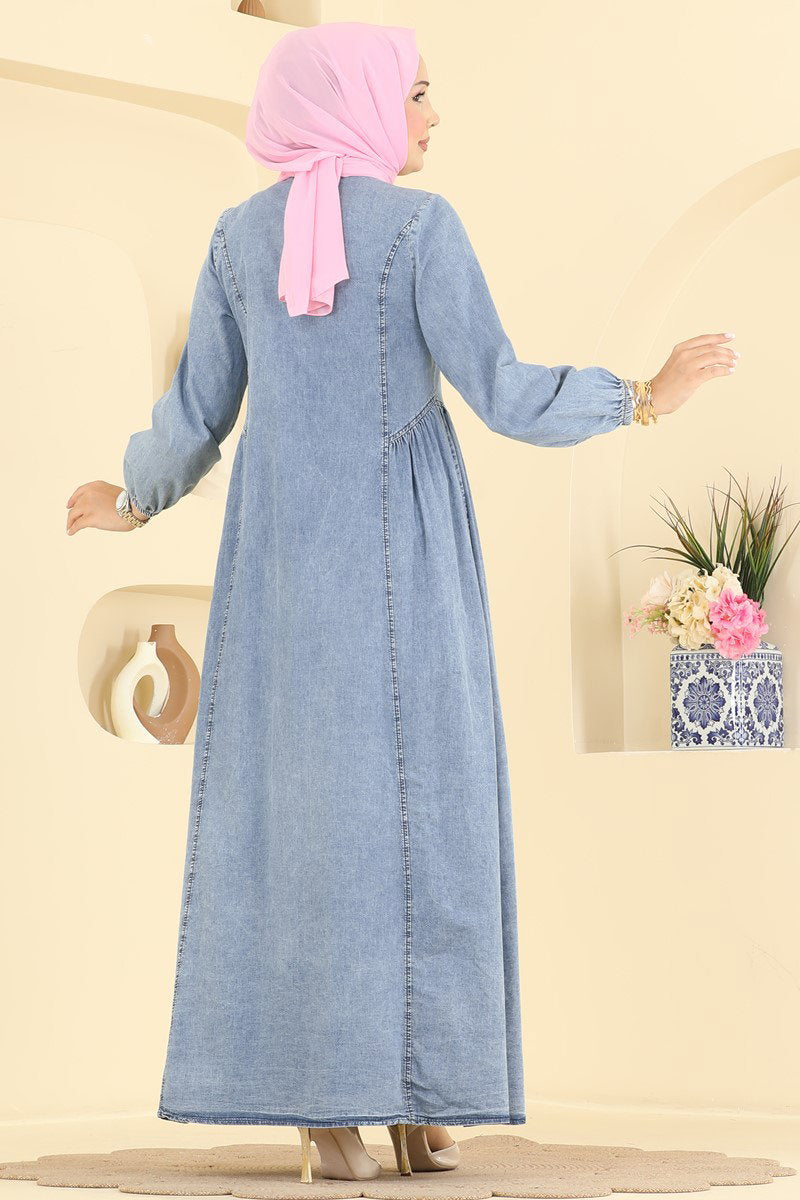 Full-Length Button Denim Dress - Light Denim