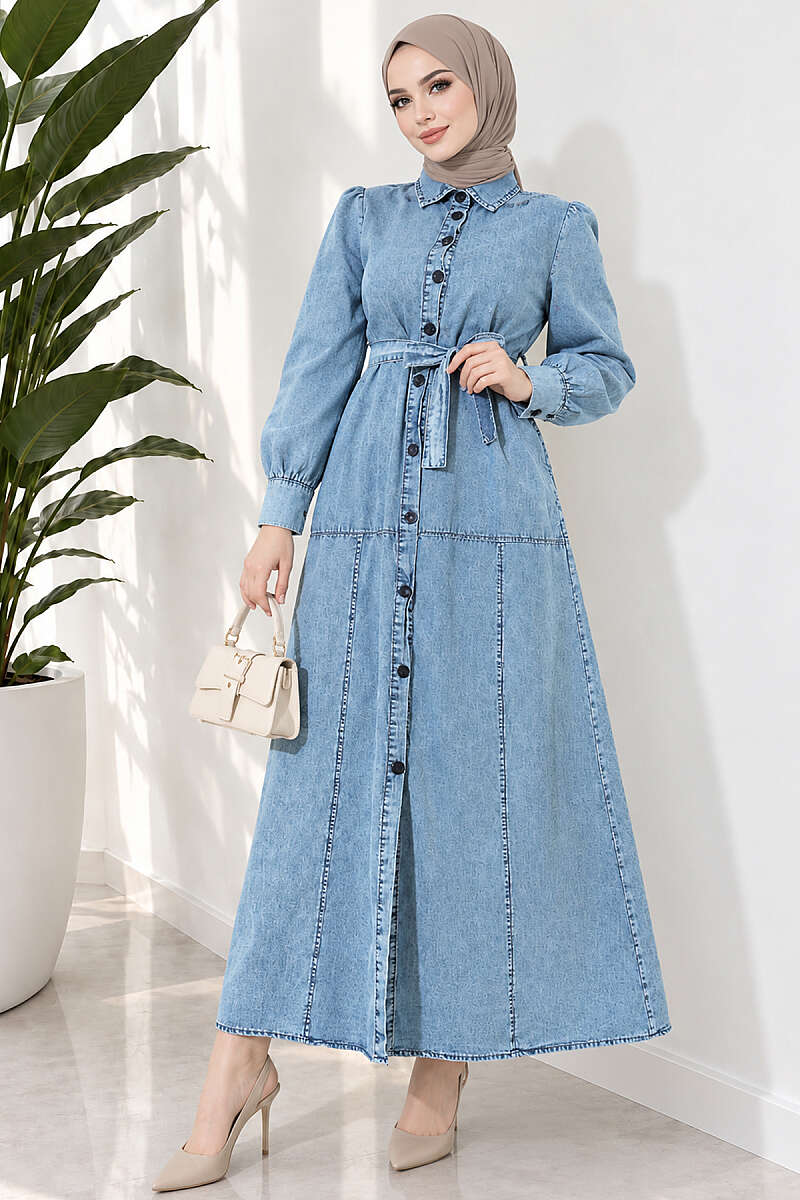 Belted Button-Through Shirt Dress - Denim Blue