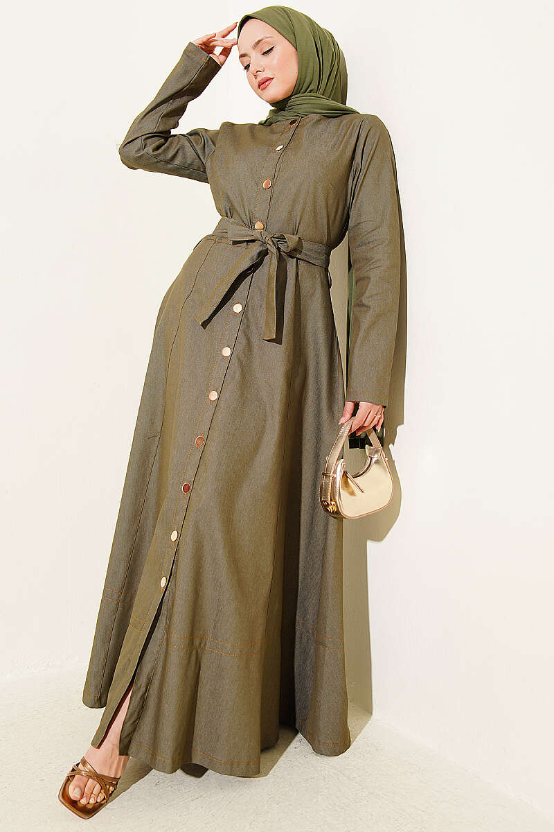 Belted Button-Through Denim Dress - Khaki