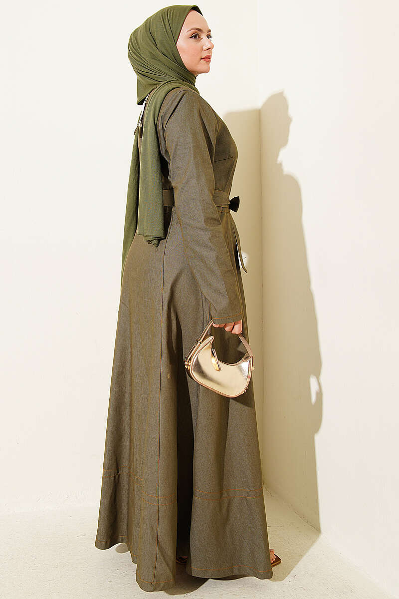 Belted Button-Through Denim Dress - Khaki