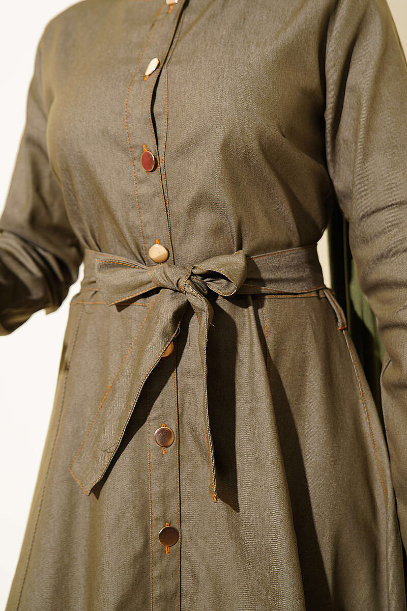Belted Button-Through Denim Dress - Khaki
