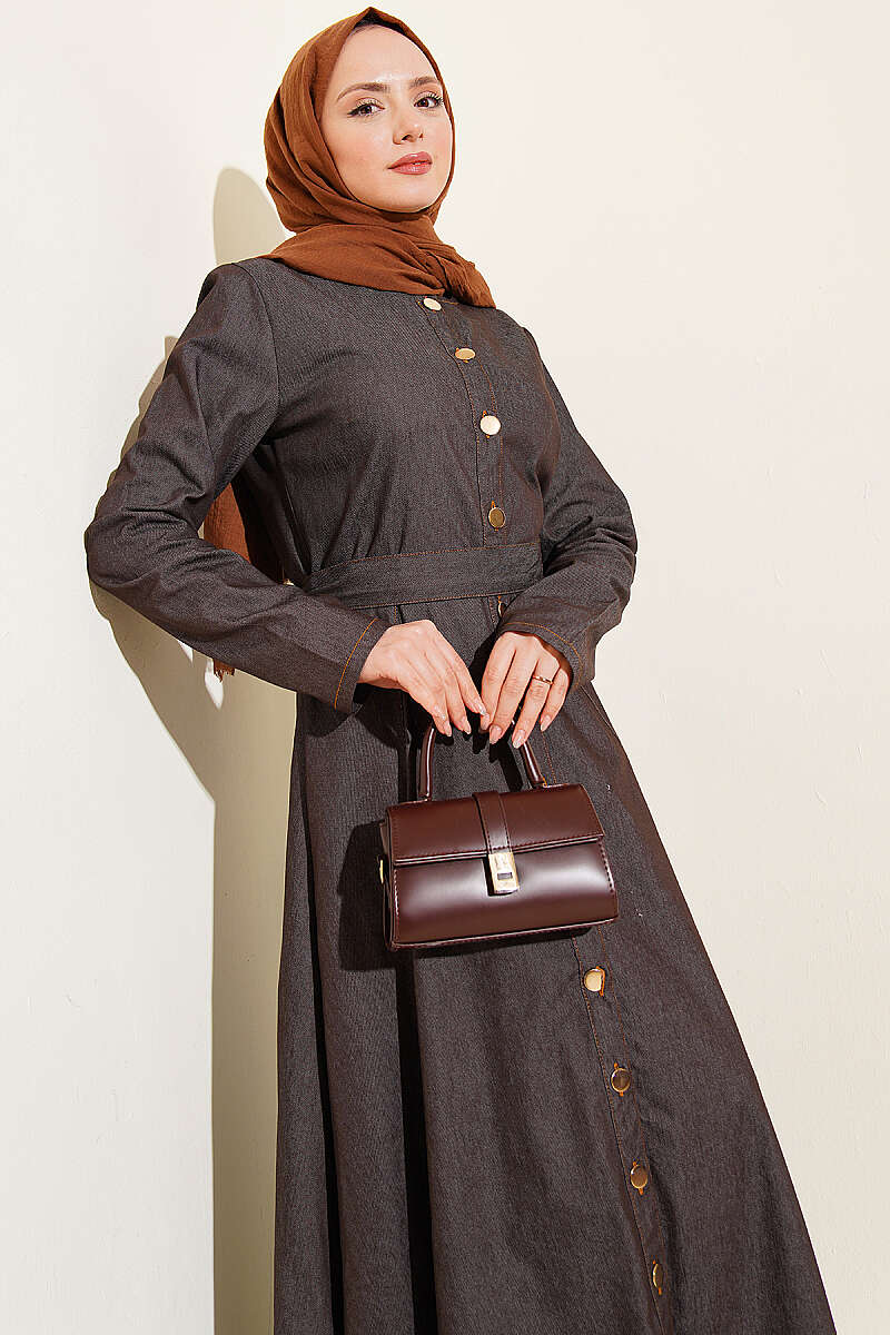 Belted Button-Through Denim Dress - Brown