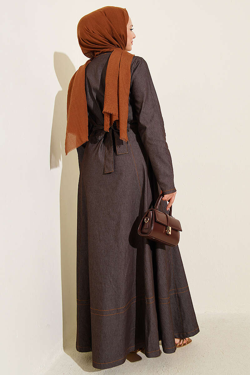 Belted Button-Through Denim Dress - Brown