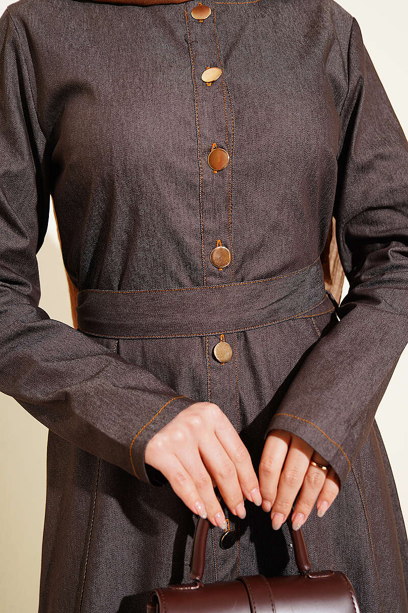 Belted Button-Through Denim Dress - Brown