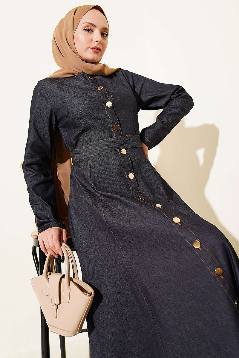 Belted Button-Through Denim Dress - Navy