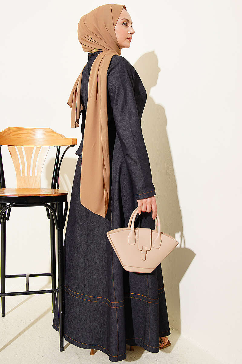Belted Button-Through Denim Dress - Navy
