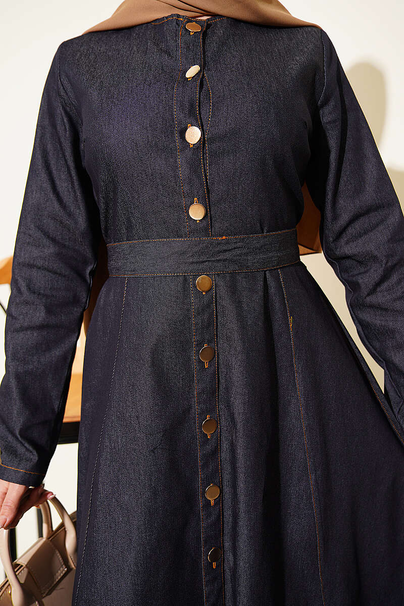 Belted Button-Through Denim Dress - Navy