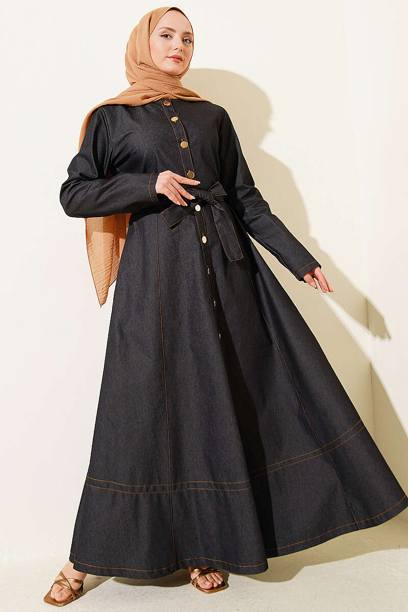 Belted Button-Through Denim Dress - Black