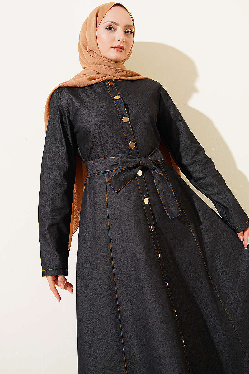 Belted Button-Through Denim Dress - Black