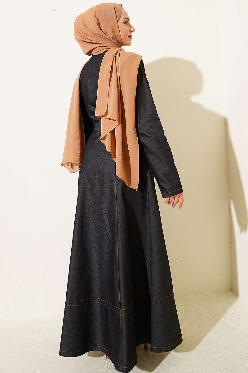 Belted Button-Through Denim Dress - Black