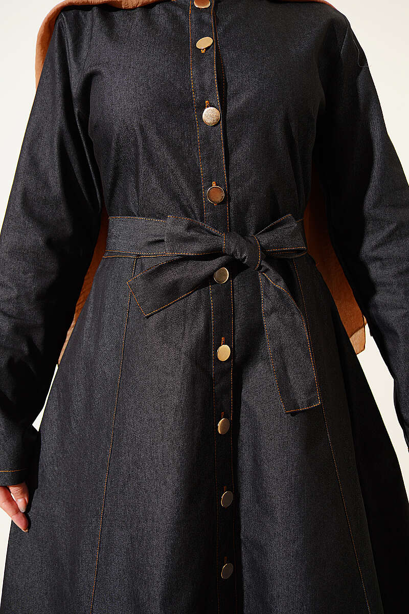 Belted Button-Through Denim Dress - Black