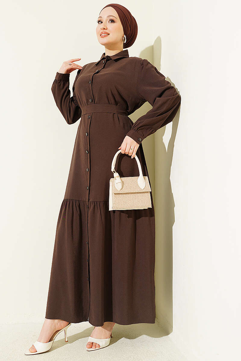 Belted Button-Through Tencel Dress - Brown