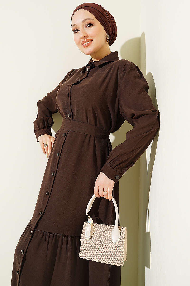 Belted Button-Through Tencel Dress - Brown
