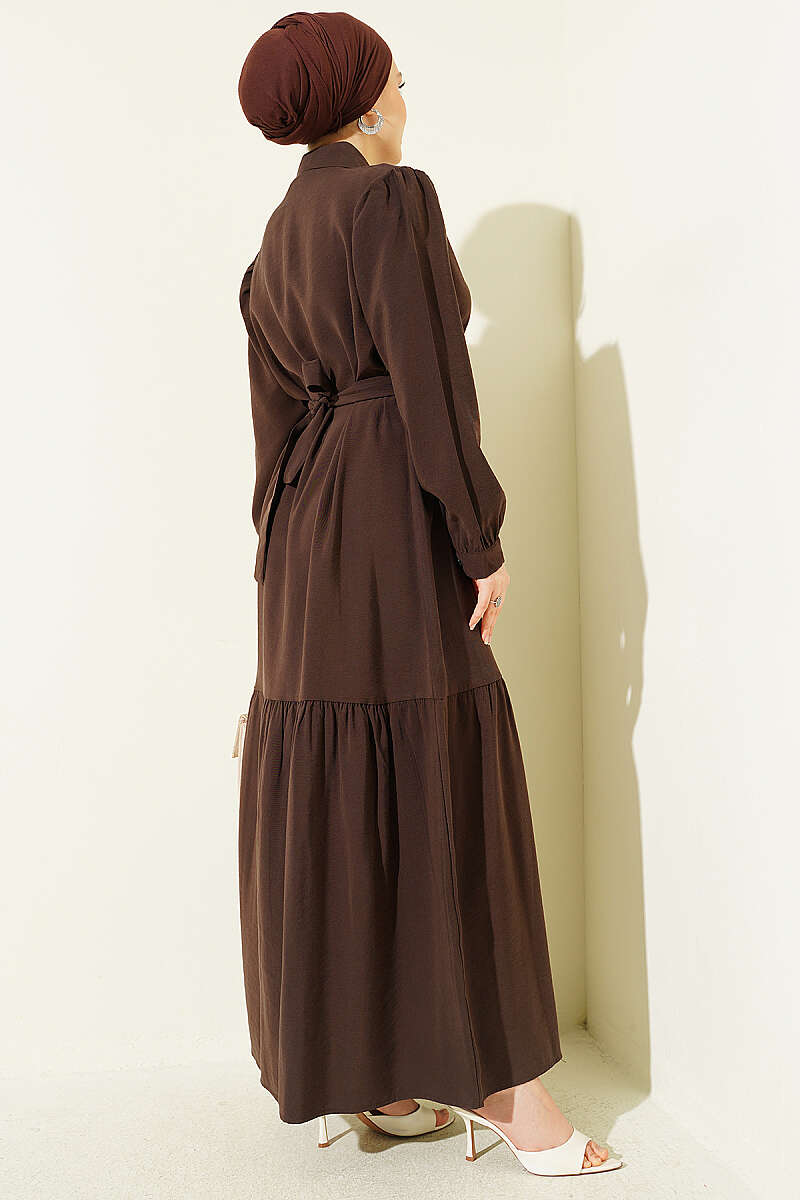 Belted Button-Through Tencel Dress - Brown