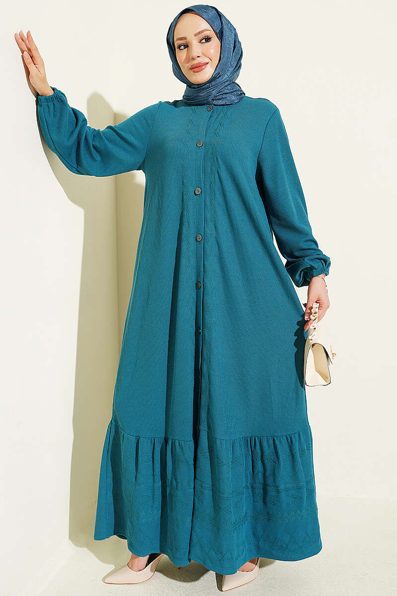 Button-Through Dress with Embroidery Detail - Teal