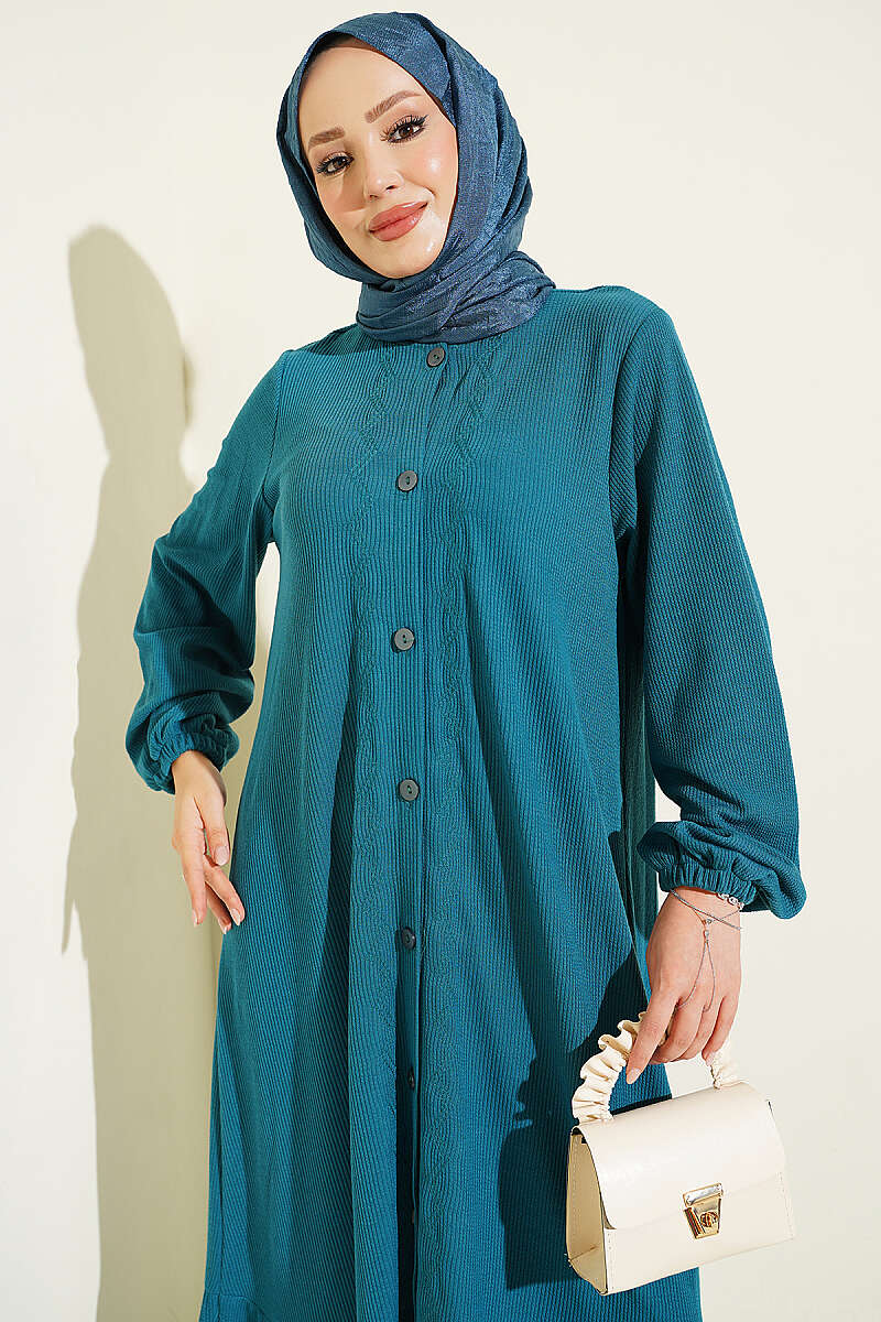 Button-Through Dress with Embroidery Detail - Teal