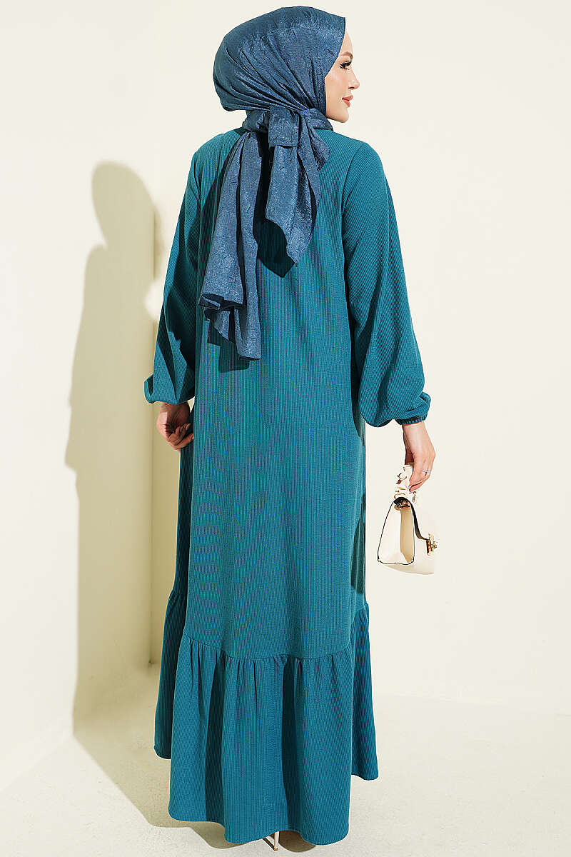Button-Through Dress with Embroidery Detail - Teal