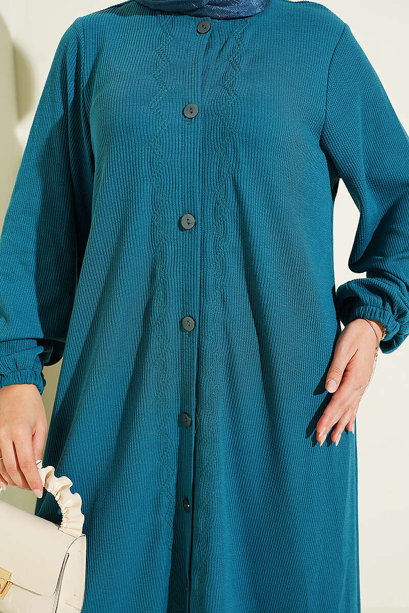 Button-Through Dress with Embroidery Detail - Teal