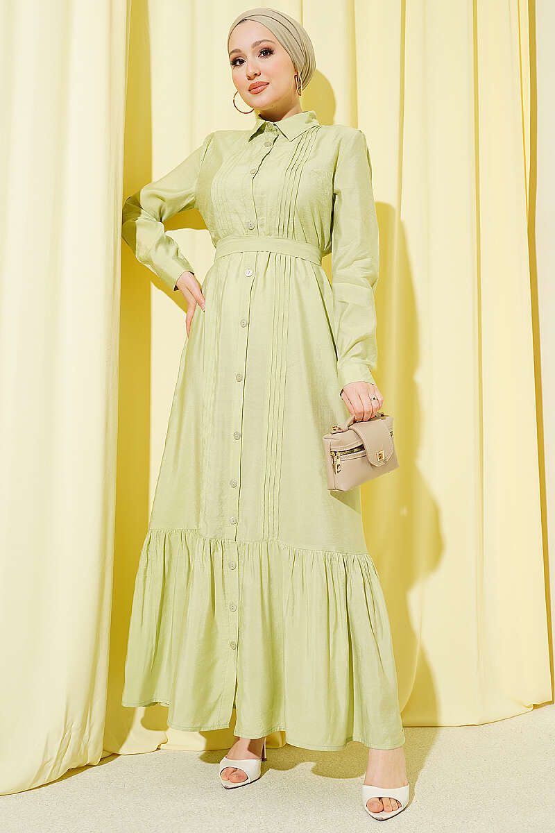 Button-Through Pintuck Dress - Almond Green