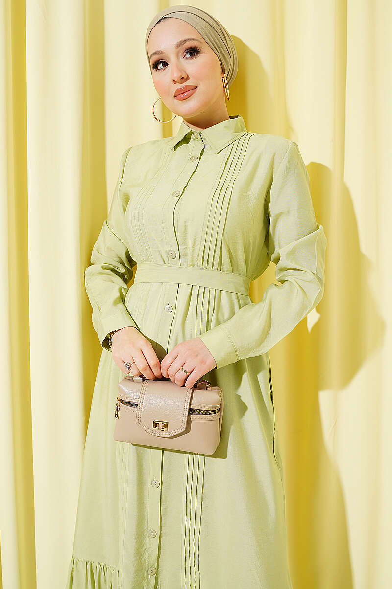 Button-Through Pintuck Dress - Almond Green