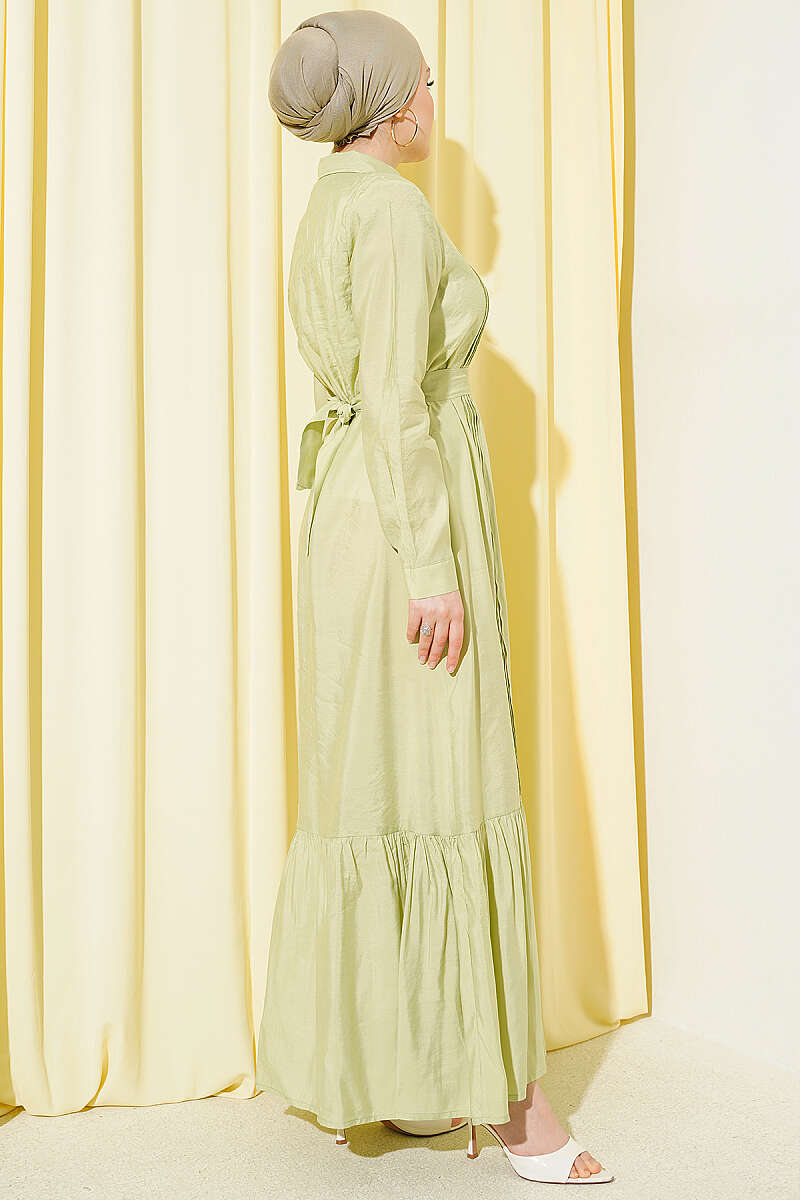 Button-Through Pintuck Dress - Almond Green