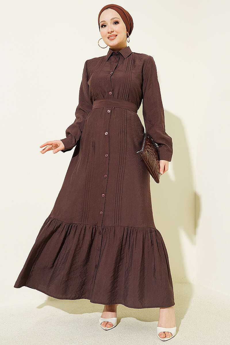 Button-Through Pintuck Dress - Brown