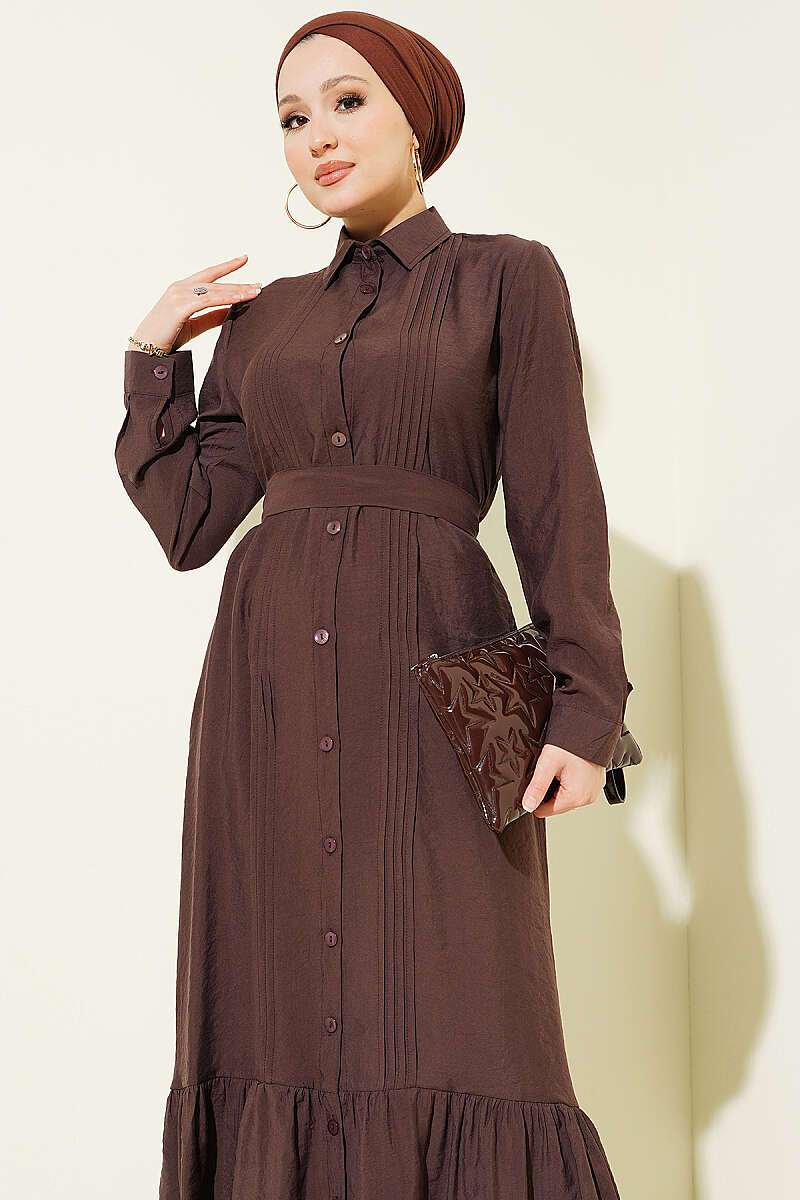 Button-Through Pintuck Dress - Brown