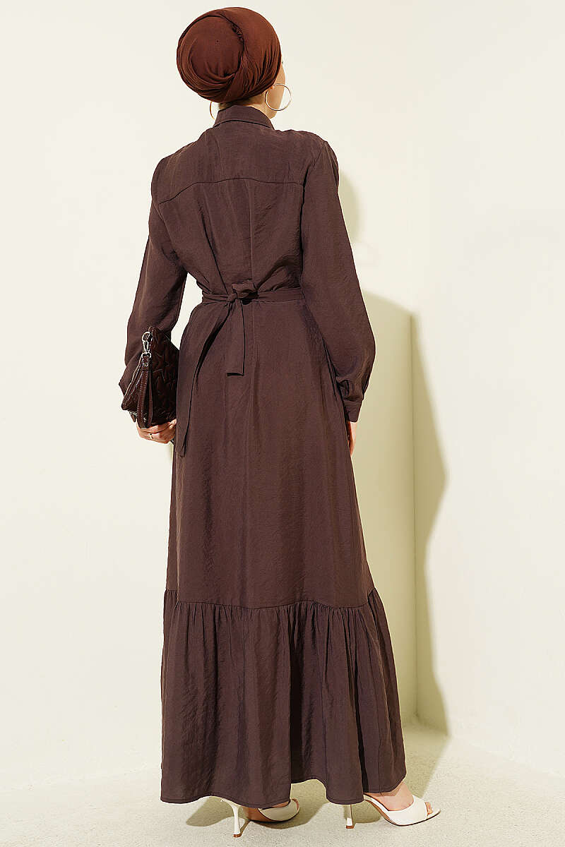 Button-Through Pintuck Dress - Brown