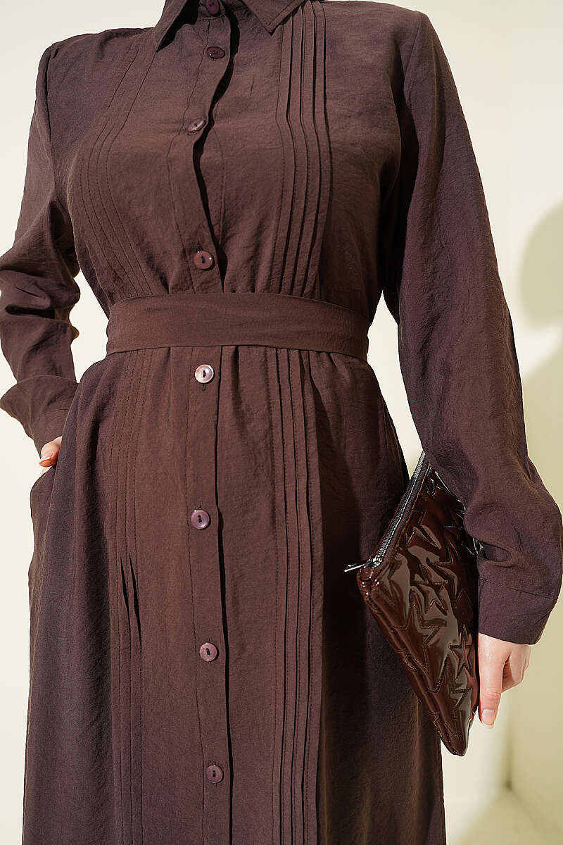 Button-Through Pintuck Dress - Brown