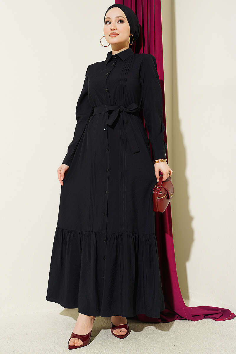 Button-Through Pintuck Dress - Black