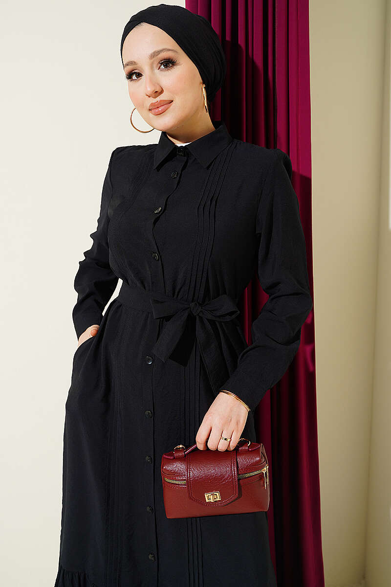 Button-Through Pintuck Dress - Black