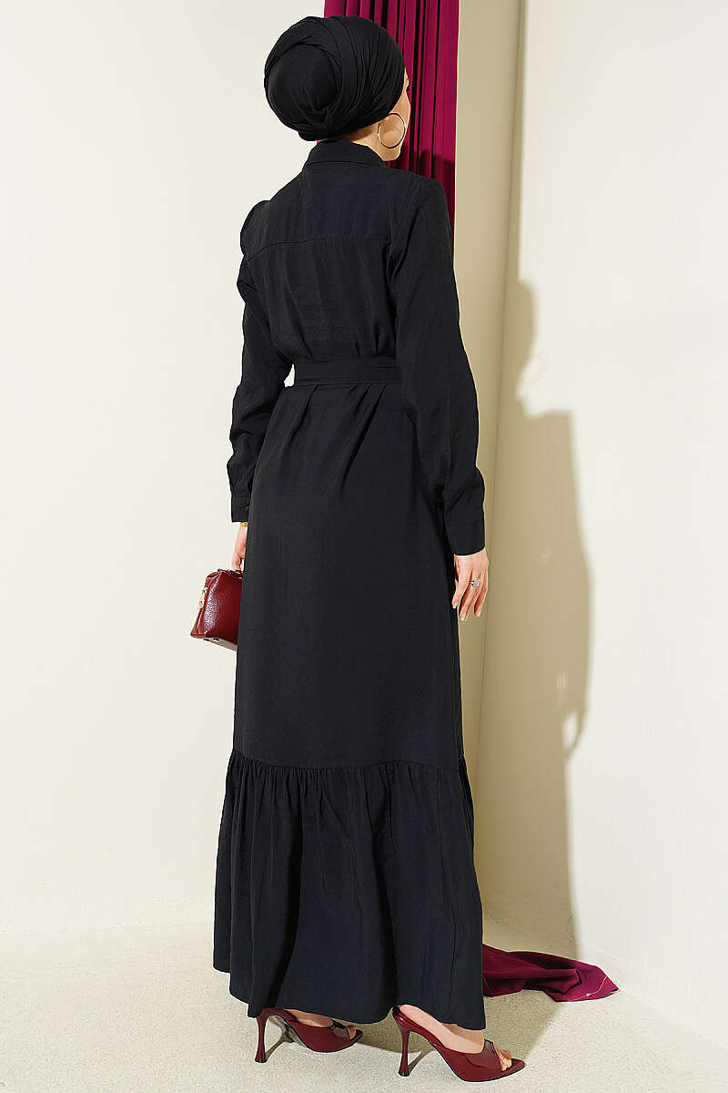 Button-Through Pintuck Dress - Black