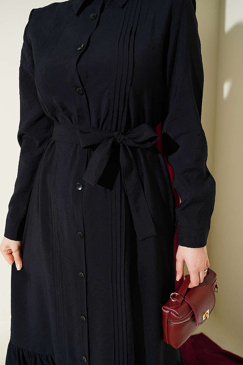 Button-Through Pintuck Dress - Black