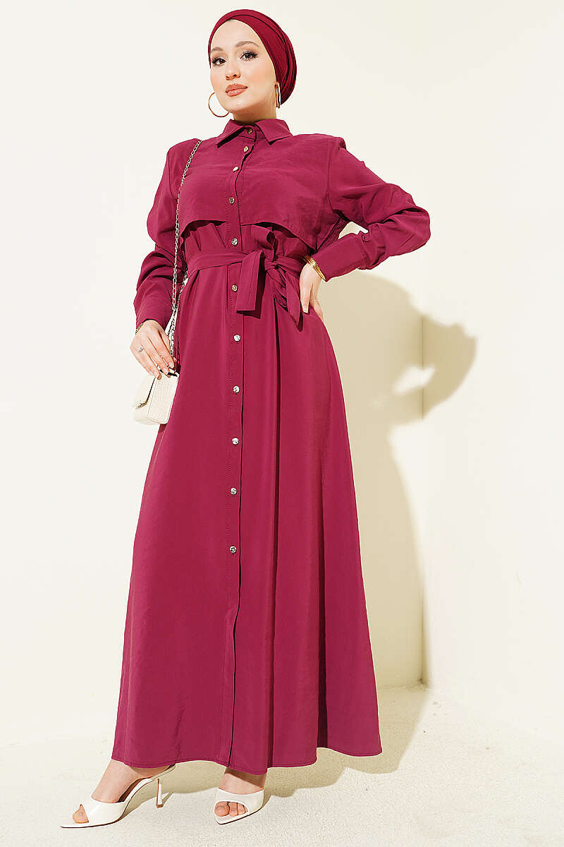 Belted Button-Through Panelled Dress - Burgundy