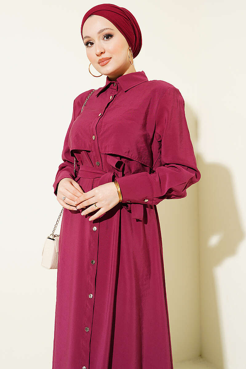 Belted Button-Through Panelled Dress - Burgundy