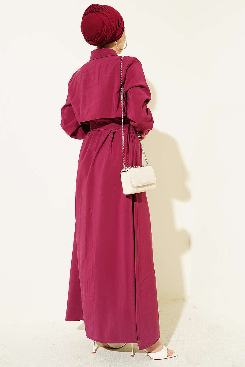 Belted Button-Through Panelled Dress - Burgundy