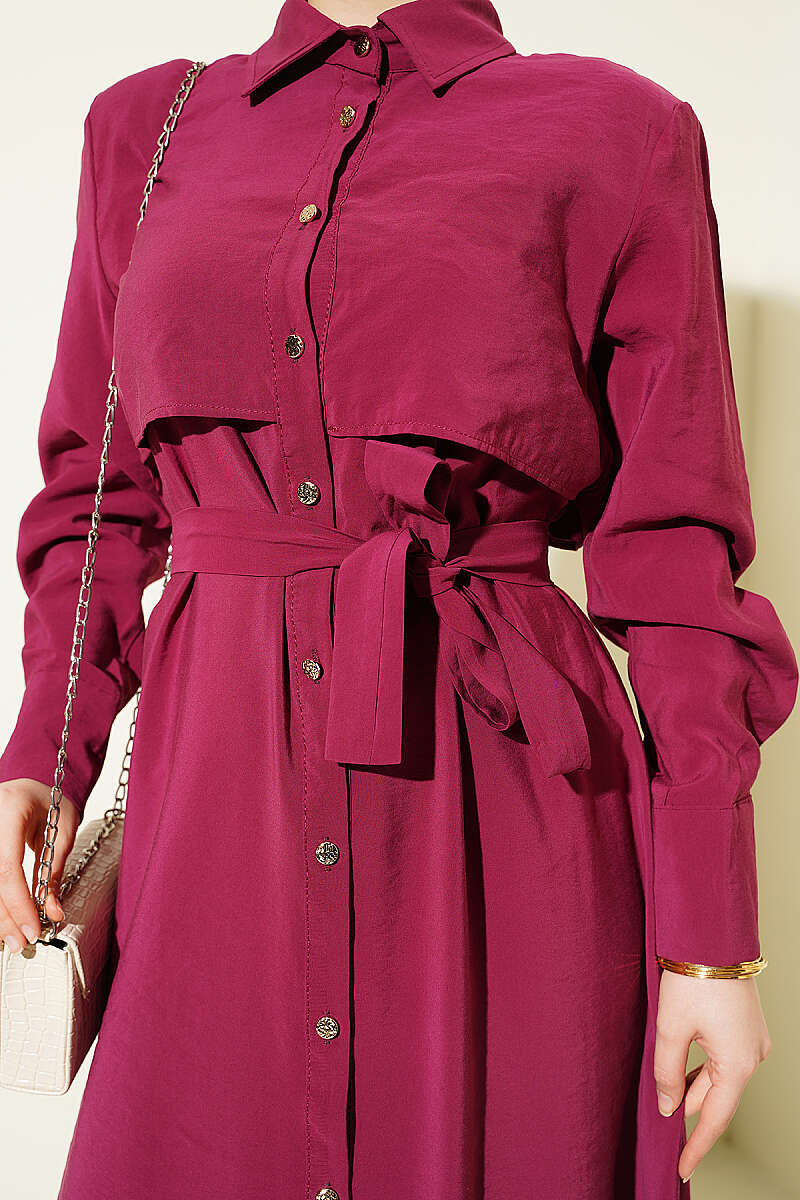 Belted Button-Through Panelled Dress - Burgundy