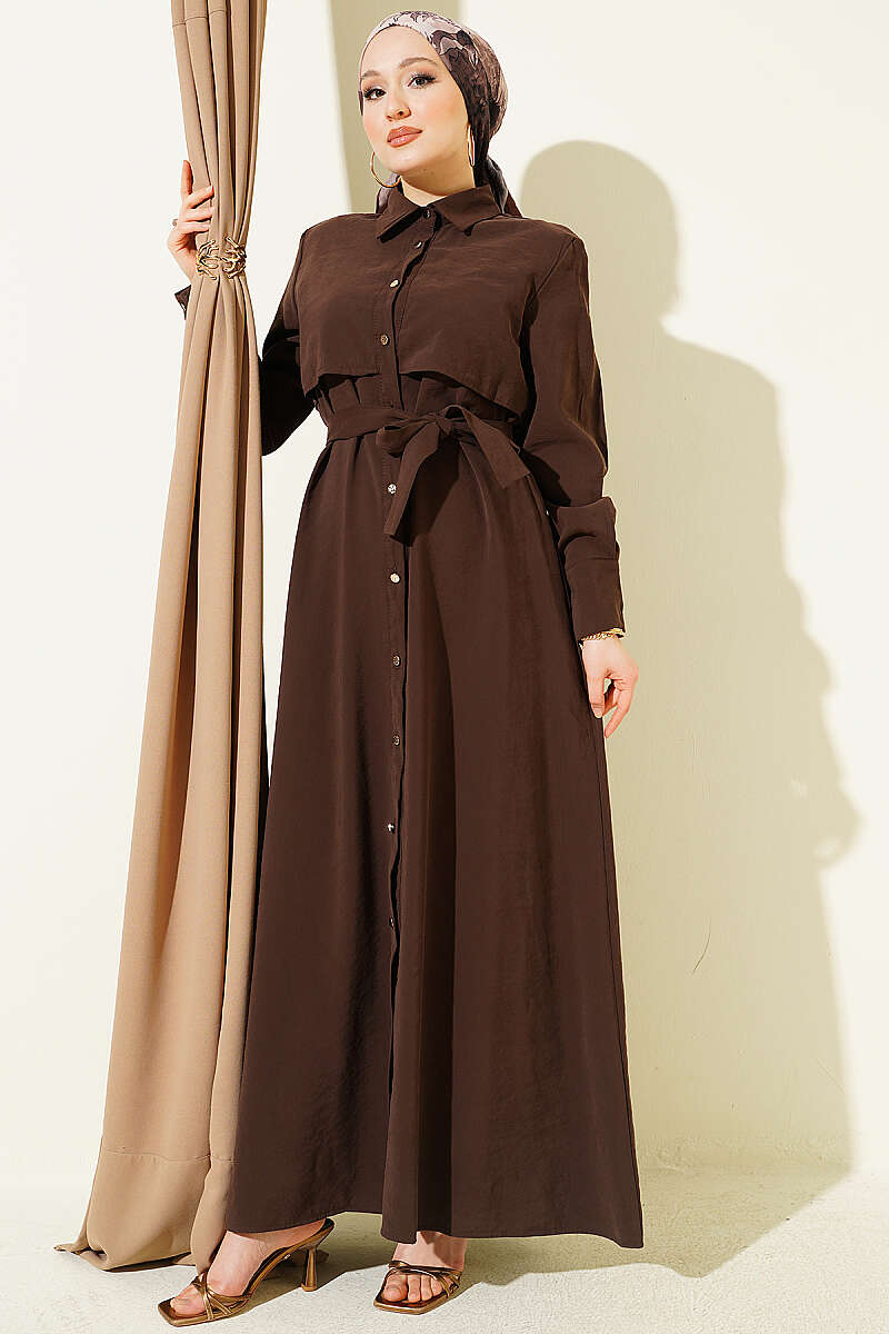 Belted Button-Through Panelled Dress - Brown