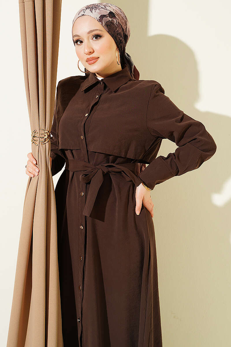 Belted Button-Through Panelled Dress - Brown