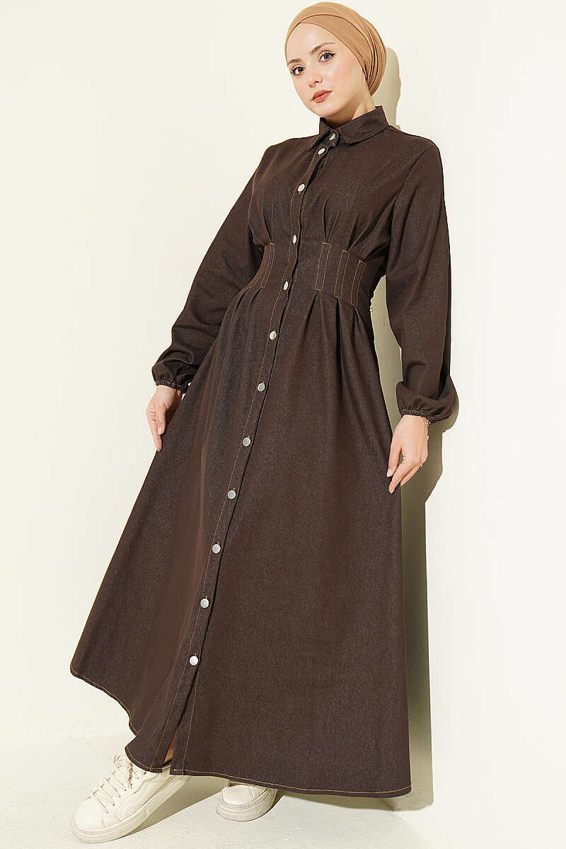 Button-Through Dress with Darts - Dark Brown