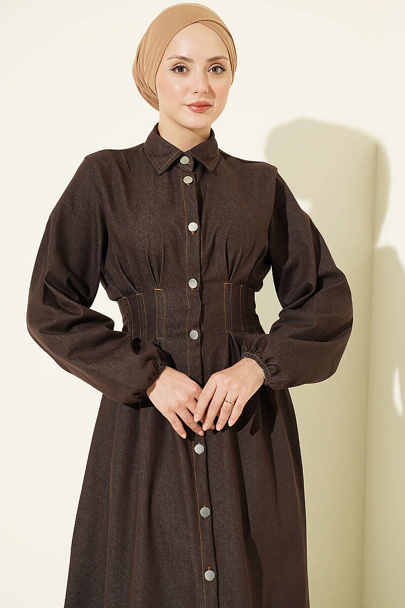 Button-Through Dress with Darts - Dark Brown