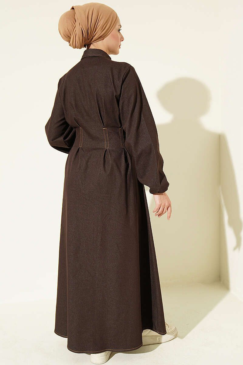 Button-Through Dress with Darts - Dark Brown
