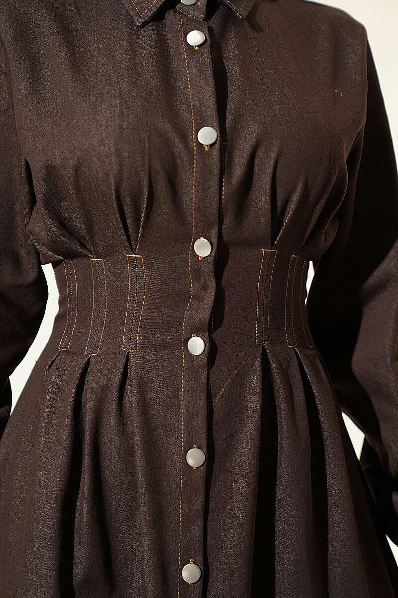 Button-Through Dress with Darts - Dark Brown