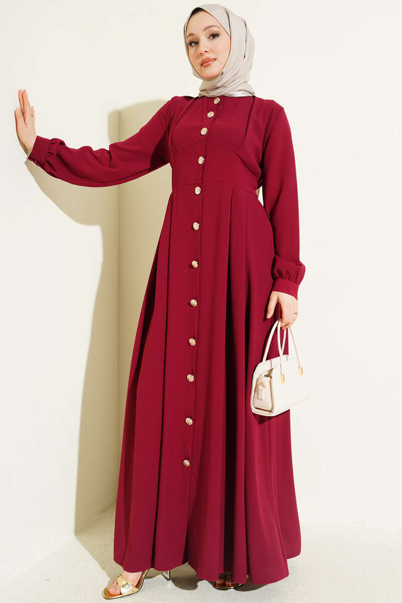 Button-Through Dart Dress - Burgundy