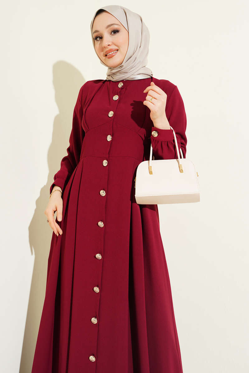 Button-Through Dart Dress - Burgundy
