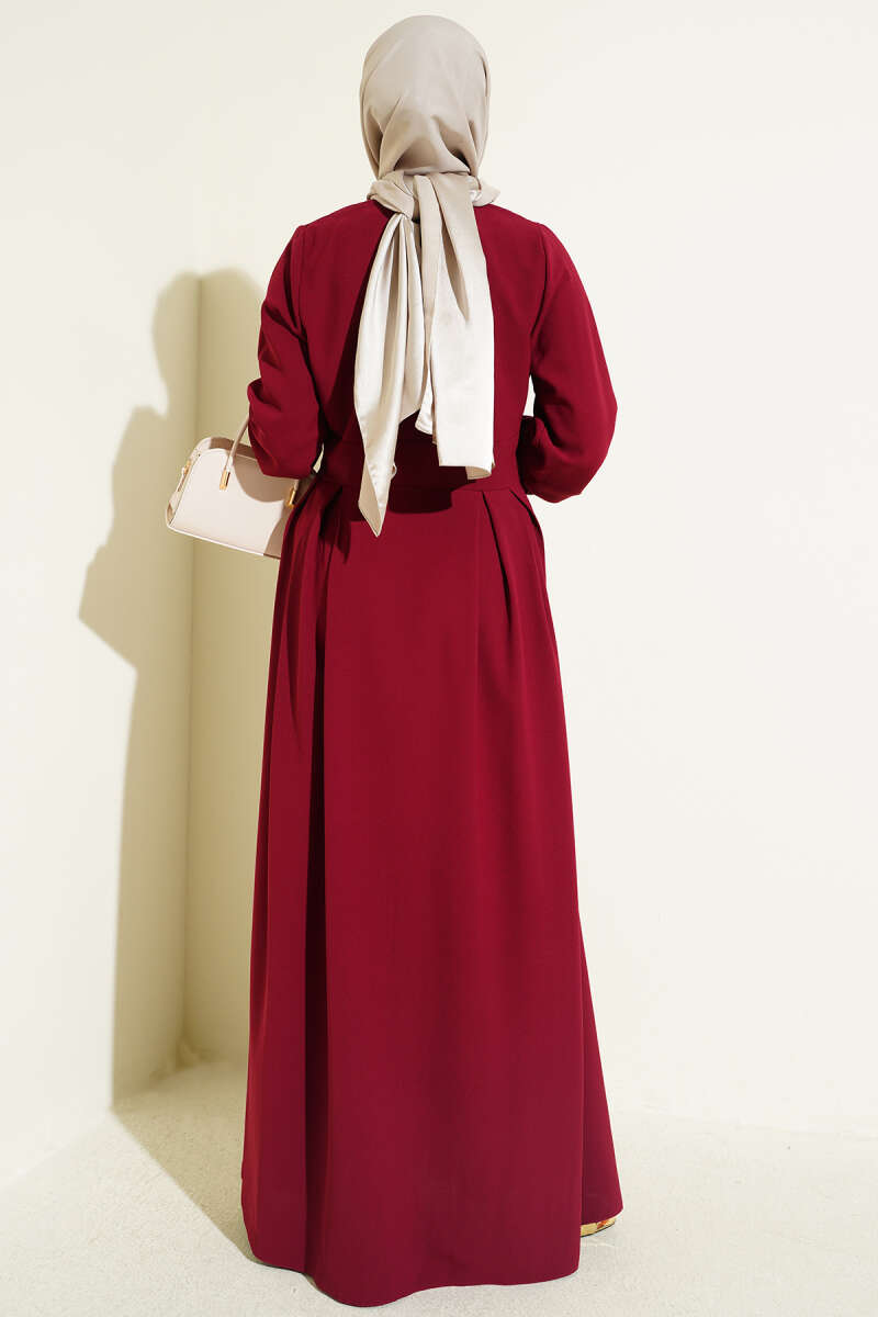 Button-Through Dart Dress - Burgundy