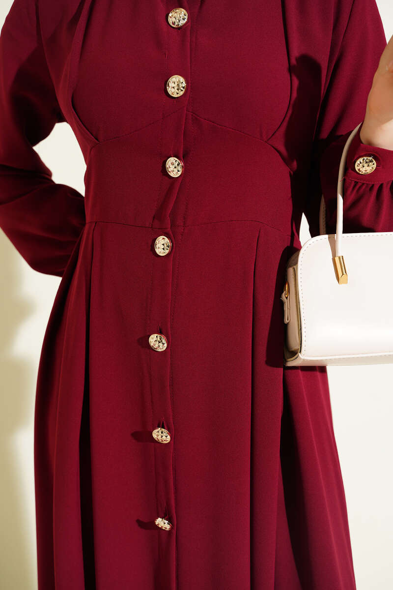 Button-Through Dart Dress - Burgundy